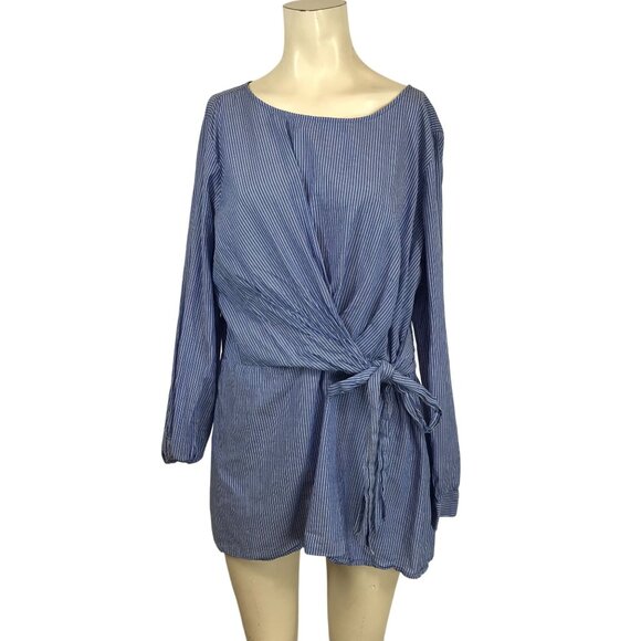 LOFT - WOMENS 18 - BLUE/WHITE STRIPE LONG SLEEVE WRAP TIES IN FRONT SHIRT BLOUSE - Picture 1 of 8
